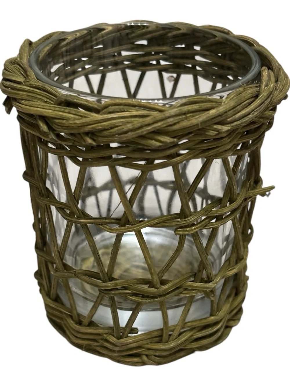 Vint Rustic Green Wicker Glass Tea Light Votive Candle Holder Avocado Seagrass